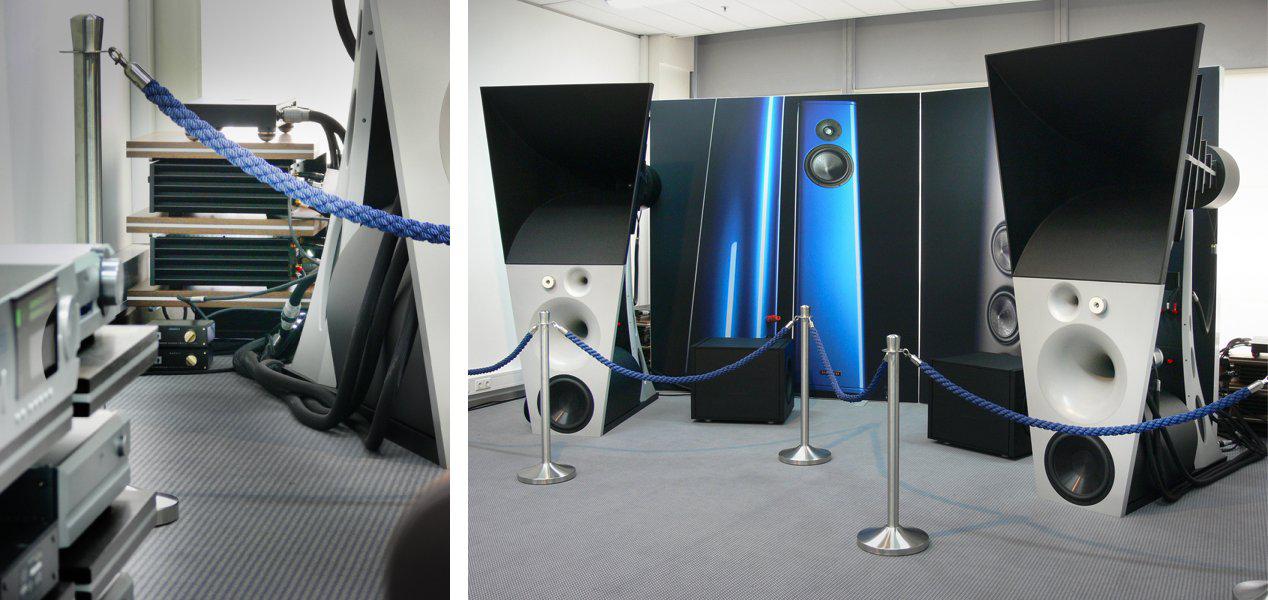 Pass Endstufen "First Watt" auf paralyse audio Tonmöbeln, linke Seite Magico Ultimate III Hornlautsprecher, rechte Seite